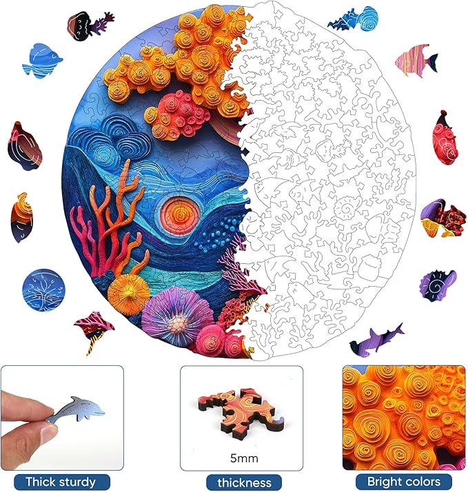 Wooden Puzzles for Adults, 3D Vision Effects Coral Wooden Jigsaw Puzzles 200pcs, 11.1x11.2in, Medium, Unique Shape Adult Puzzles, Wood Puzzles Creative Gift for Adults and Kids Family Game