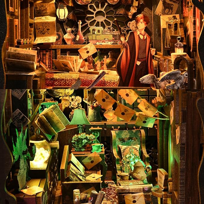 Book Nook Kit, Book Nook Kits for Adults and Teens, DIY Miniature Dollhouse Kit 3D Wooden Puzzle Booknook Bookend with LED Light