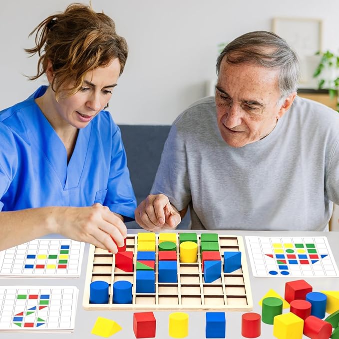 Activities for Dementia Patients, 44 Blocks Wooden Puzzle Games for Seniors, Colorful Shape Pattern Alzheimers Products for Elderly, Tile Color Matching Memory Cognitive Busy Board Gadgets Gifts