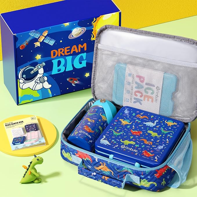 Fimibuke Kids Bento Lunch Box with 4 Compartments, Insulated lunch Bag, Stainless Steel Insulated Water Bottle, Ice Pack & Utensils Set, Birthday Gifts for Ages 3-12 Back to School Toddler Girls Boys