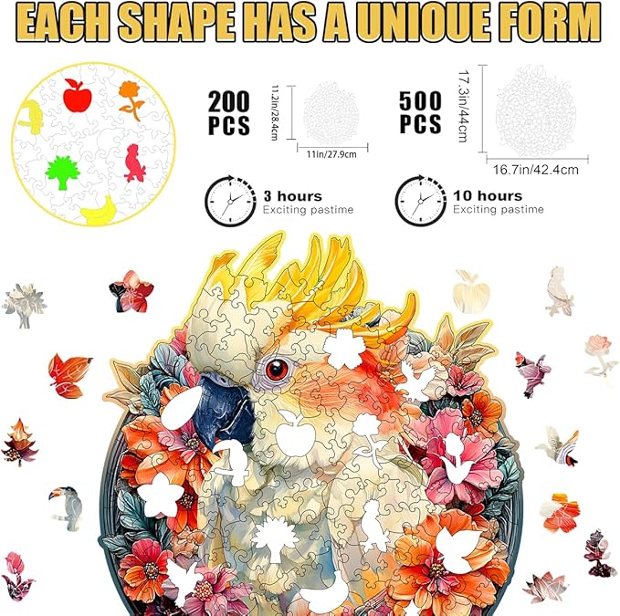 Wooden Jigsaw Puzzle, 200-500 Pieces Unique Shape Animal Puzzle, for Adults & Kids, Birthday Gift Family Game, Decorative Puzzle, Unique Gift (Cockatoo Fantacy, 200 PCS)