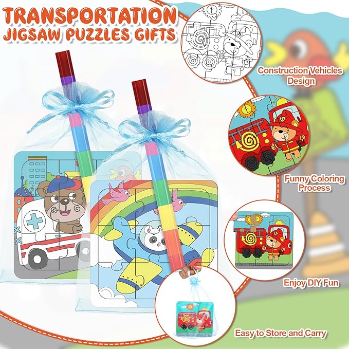 Fullhawl 12 Sets Transportation Puzzles Traffic Theme Color Your Own Puzzles DIY Construction Jigsaw Craft with 12 Stackable Crayons and 12 Bags for Construction Gifts Birthday Party Supplies(12, Car)