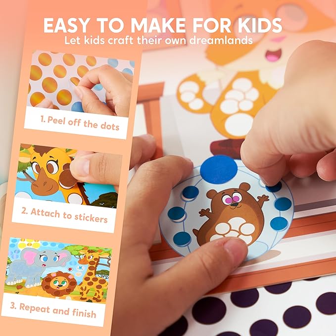 Klever Kits Dot Art Kit for Kids, No Mess Sticker for Toddlers 3-7, Craft Kits, DIY Creative Activity, Travel Toy, Birthday Gifts for Boys Girls (Animal)
