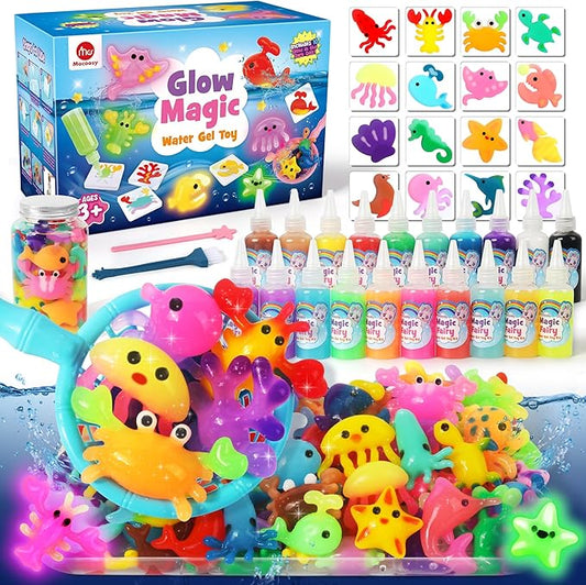 Mocoosy 20 Color Glow in The Dark Magic Water Elf Toy Kit for Kids, Aqua Fairy Water Gel Kit with Aqua Gel & Squishy Maker Molds, Create Your Own Squishy Toys & Water Pets, DIY Crafts Birthday Gifts