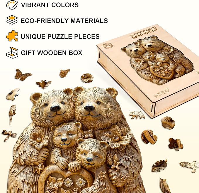 Wooden Puzzles for Adults,woodcarve Bear Family Shaped Unique Wooden Jigsaw Puzzles, Creative Ghristmas Gift for Teenagers and Adults.
