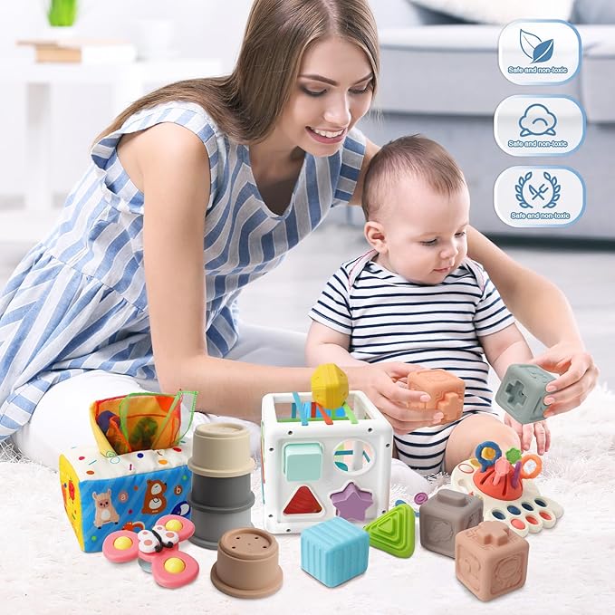 6 in 1 Montessori Toys for Babies 6-12 Months Up - Incl Pull String Toy, Stacking Cups, Tissue Box, Suction Cup Spinner, Stacking Blocks,Activity Cube, Baby Toys for 1 2 3 Year Old