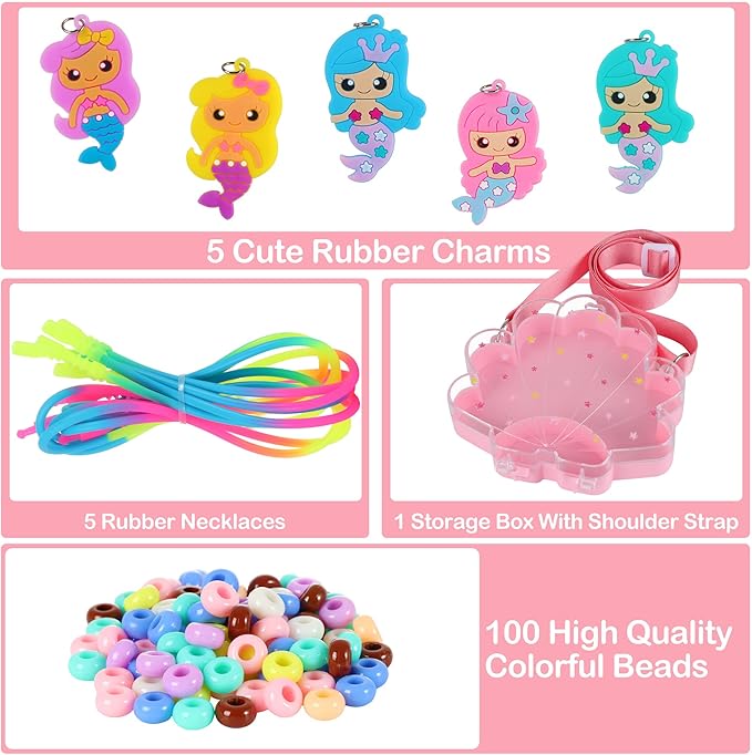 FLYINGSEEDS Mermaid Necklace Making Kit for Little Girls, Beads Jewelry Toys with Shoulder Box, Beaded Arts and Crafts Best Gifts for Toddlers Kids Age 3-5 4-6 7 8 9 10