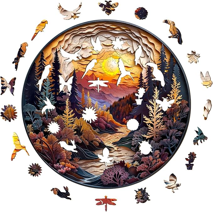 Wooden Puzzle for Adults-3D Sunset Forest Wooden Puzzle Unique Shape Advanced Animal Jigsaw Puzzle for Adults and Kids,Best Gift,Wood Puzzles,Challenge Wooden Jigsaw Puzzle (M-11.4 * 11.4in-200pcs)