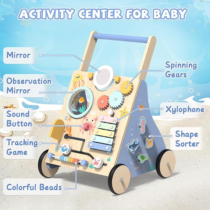 Wooden Baby Walker with Activity Center, Montessori Push Walker Toy for Babies 18 Months+, Sit to Stand Walker with Wheels for Boys & Girls, Infants to Toddler