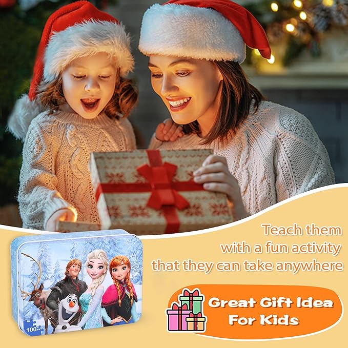 LELEMON Puzzles for Kids Ages 4-8,Snowmen 100 Piece Puzzles for Kids,Educational Kids Puzzles Jigsaw Puzzles in a Metal Box,Children 100 Piece Puzzle Games Puzzle Toys for Girls and Boys