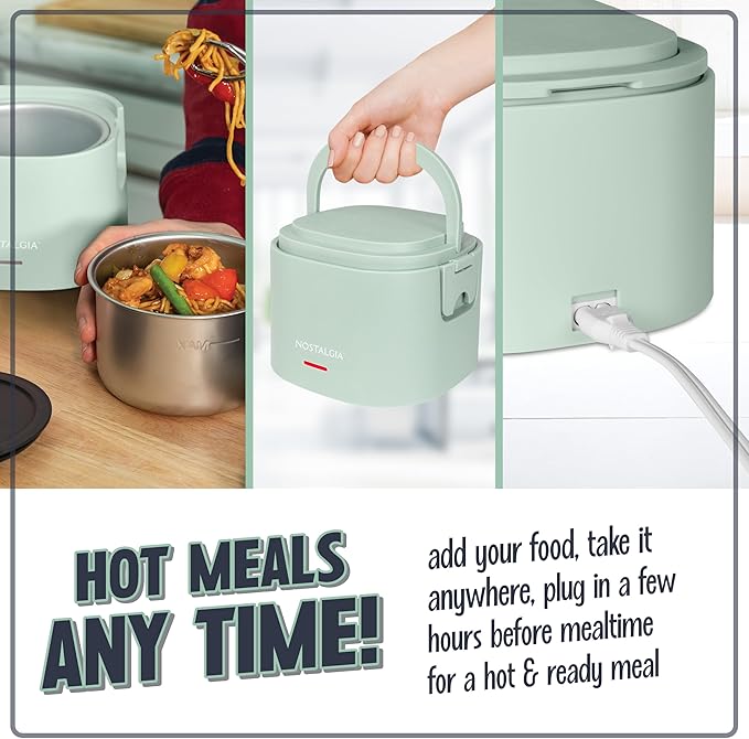 Nostalgia Portable 20-Ounce Electric Heated Lunch Box – Travel Size 2.5 Cup Capacity for Soup, Chili, and Leftovers – Leak Proof Silicone Sealed Lid, Foldable Carry Handle, Detachable Cord – Sage