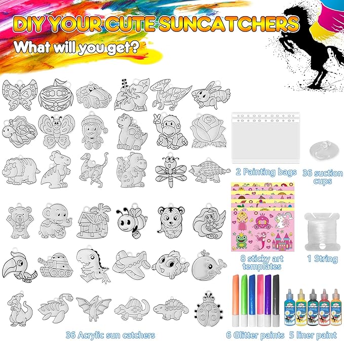 Window Paint Art, 36 Suncatchers Double Craft Kit for Kids – Children’s Make Your Own Fun Suncatcher Set Suction Cups DIY Car & Mirror Arts Crafts Children