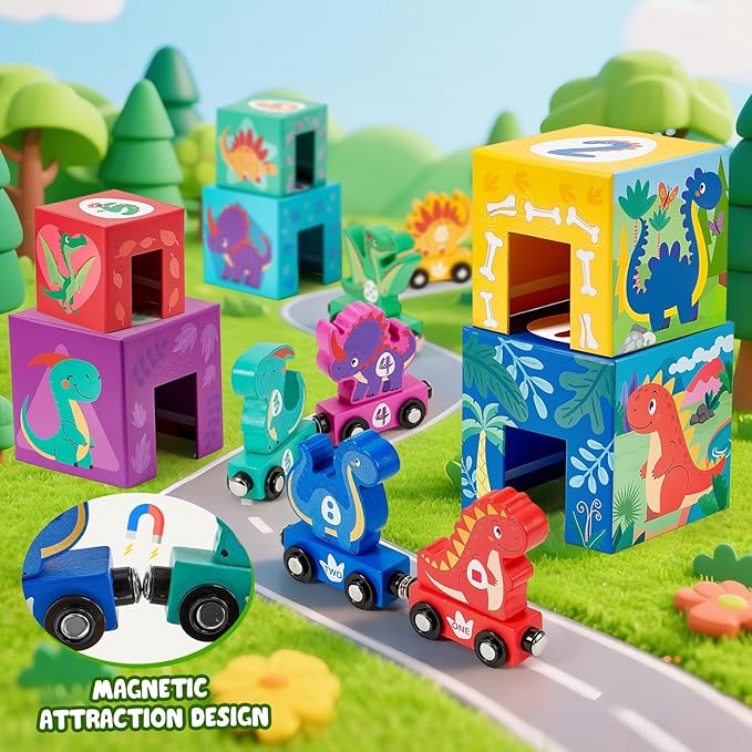 Toyssa Wooden Dinosaur Sorting and Stacking Toys for Toddler 1-3, Number Blocks Nesting Boxes with Magnetic Animals Train Set, Preschool Learning Montessori Toys for 1 2 3 Year Old Boys Girls Gift