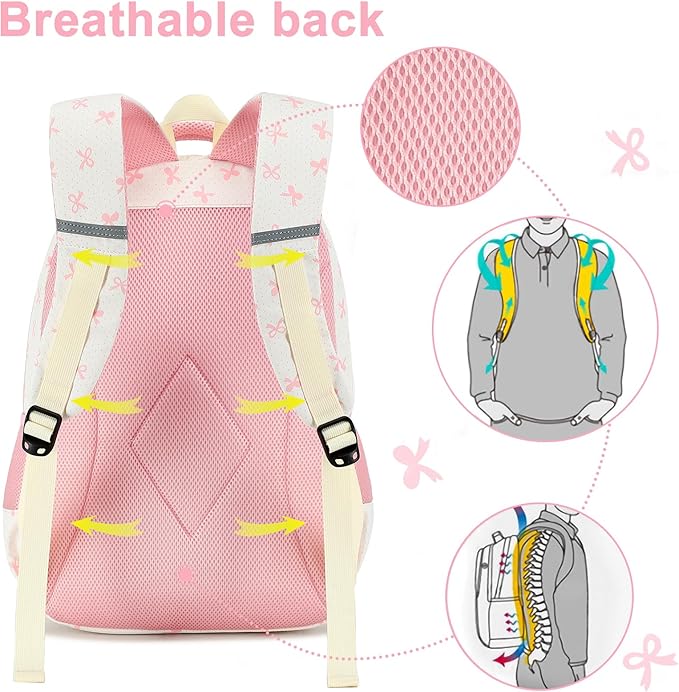 LEDAOU School Backpack for Girls Kids Bookbag Elementary Middle School Bag for 8-14 (Pink Bow)