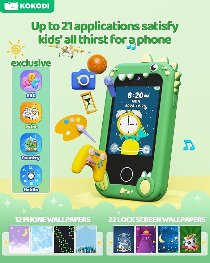 Kokodi Kids Smartphone Toy, Touchscreen HD Dual Camera Cell Phone for Kids, Dinosaur Toddler Play Phone for Boys 3-10, Learning Toy with 8GB SD Card (Green)
