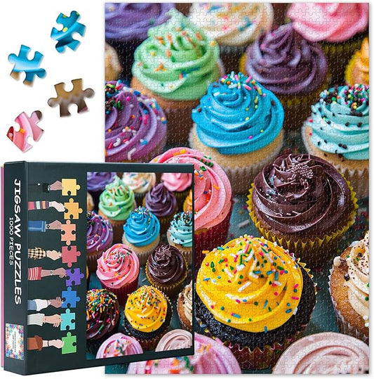 1000 Piece Puzzle for Adults - Rainbow Cupcake Party Jigsaw Puzzles, Playful Dessert Artwork Adult Puzzles 1000 Pieces, Collectible Foodie Puzzle Board - 27.5x19.7 Inches