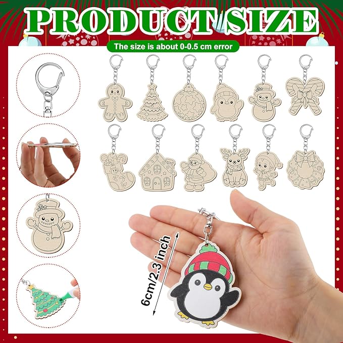 24 Sets Christmas Keychains Craft Kit Winter Unfinished Keychains Gifts Color Your Own Gingerbread Man Santa Claus Elk Penguin Snowman DIY Crafts for Christmas Winter Party Favors