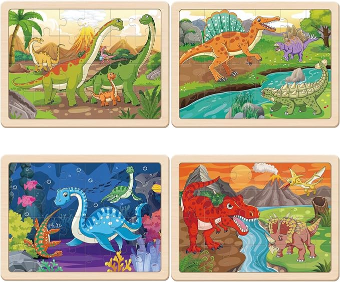 Puzzles for Kids Ages 4-6, Large Dinosaur Wooden Puzzles, 4 Packs 24 PCs Jigsaw Puzzles Preschool Educational Toys Gifts for 3 4 5 6 Year Old Boys Girls