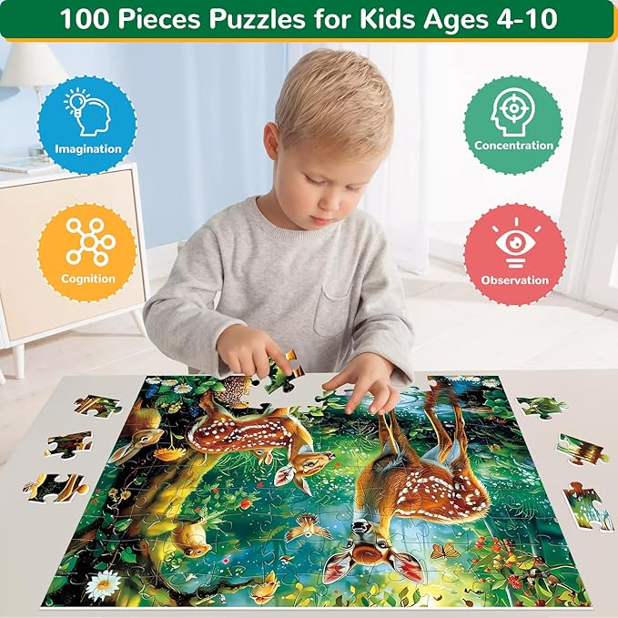 Puzzles for Kids Ages 4-8, 100 Piece Puzzles Kids Puzzles Ages 4-6 6-8 8-10 Deer Animal Jigsaw Puzzle Toys Educational Puzzle Floor Puzzles Birthday Gifts for Girls and Boys
