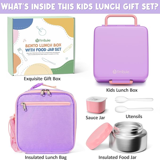 Fimibuke Bento lunch Box Set for Kids Adult with 8oz Thermos Food Jar, Insulated Lunch Bag &Sauce Cup, Leakproof Dishwasher Safe Toddler Lunch Food Container with 3-4 Compartment for School Girls Boys