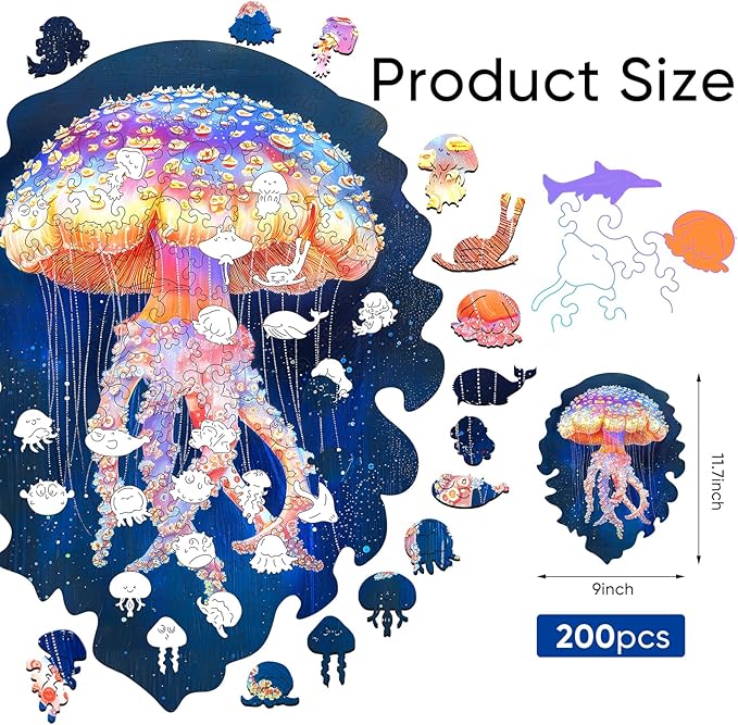 delobil Wooden Puzzles for Adults, Jellyfish Jigsaw Puzzles 200 Pieces, Unique Shape Puzzles for Adults and Kids, 11.7 x 9 Inches Medium Size, Fun Challenging Puzzles Family Game