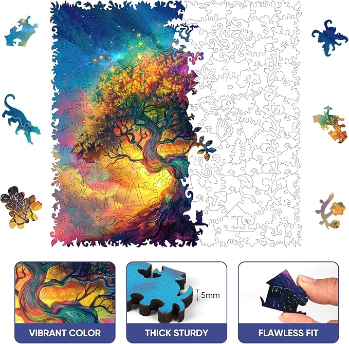 Wooden Puzzles for Adults, Colorful Tree of Life Jigsaw Puzzles 200 Piece, 11.3x11.1in, Unique Shaped Wood Plant Puzzles, Fun Challenging Creative Gifts for Adults and Kids Family Game