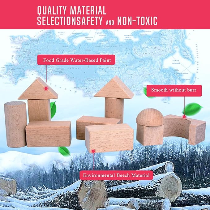 Wooden Building Blocks Set for Kids - Stacker Stacking Game Construction Toys Set Preschool Colorful Learning Educational Toys - Geometry Wooden Blocks for 3+ Year Old Boys & Girls