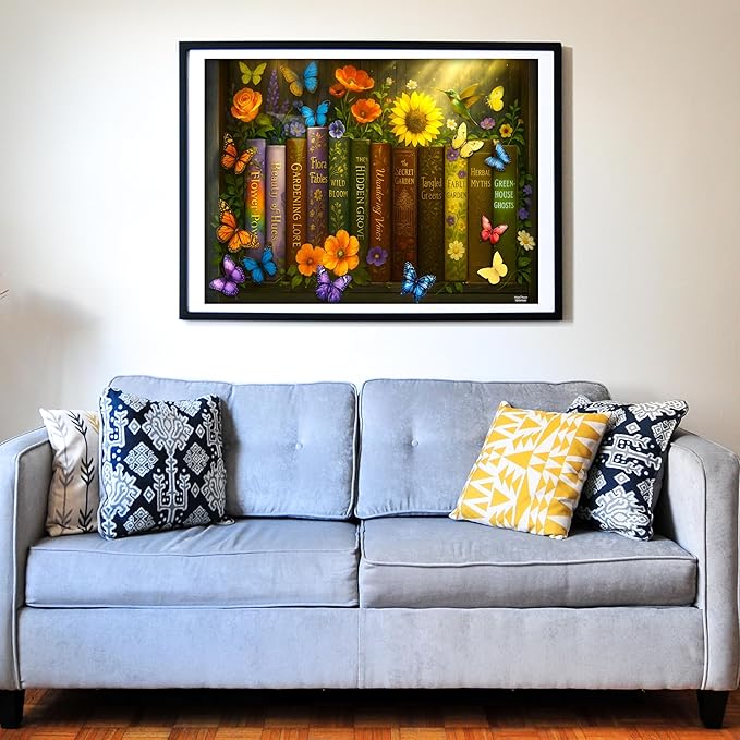 Think2Master Enchanted Library 500 pieces Large Format Jigsaw Puzzle: kids 12+, teens, adults & families. Magical Bookshelf with Butterflies & Flowers Botanical Garden. Great gift. Size: 26.8” X 18.9”