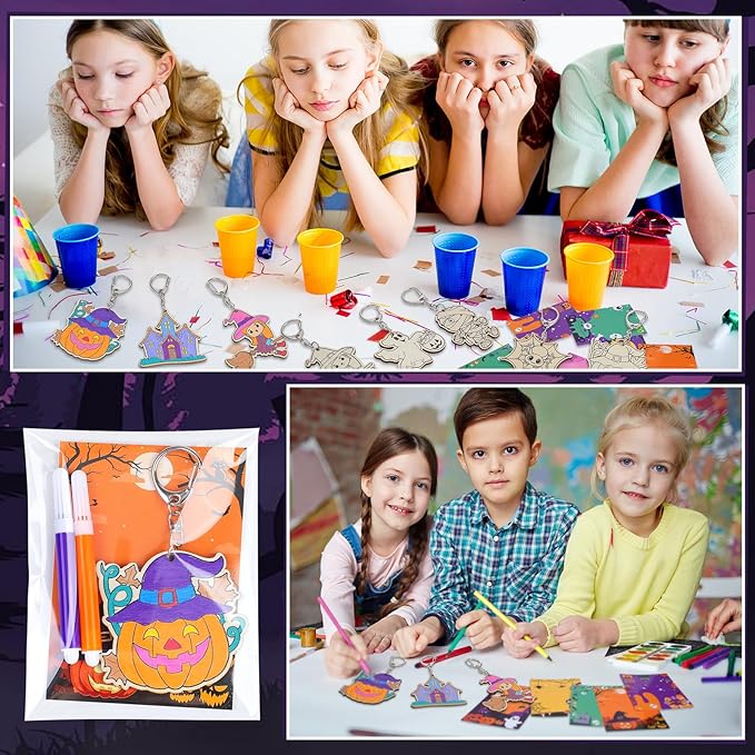 Trnayi 24 Sets Halloween Party Favors Gift Color Your Own Ghost Pumpkin Spider Witch Bat Unfinished Wooden Keychains DIY Crafts for Halloween Birthday Holiday Home Activities