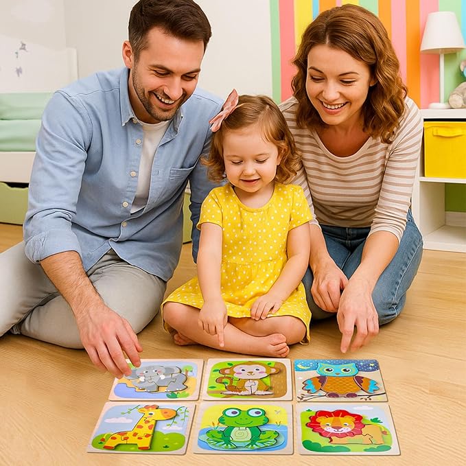 LovesTown Montessori Wooden Puzzles for Toddlers Kids Educational Animal Jigsaw Toys Preschool Learning Colors Shapes Cognition 6 Pack
