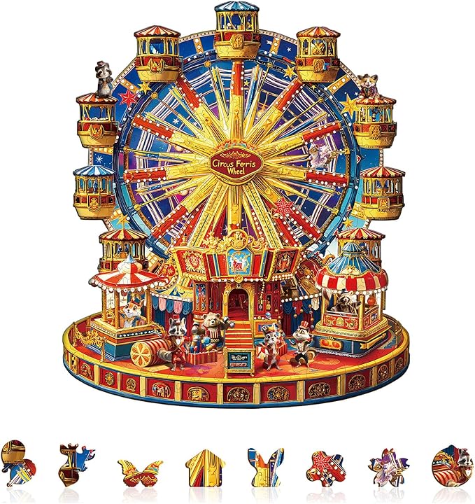 Jigfoxy Wooden Puzzles for Adults, Circus Ferris Wheel Wood Puzzles Adult, Unique Animal Shape Wooden Jigsaw Puzzles for Adults, Birthday Gifts for Puzzle Lovers, Family, Friend (M-11.4 * 9.7in-175pc)