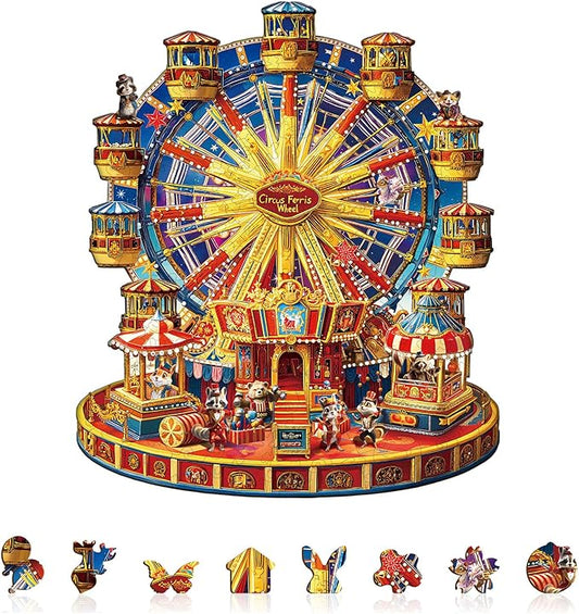 Jigfoxy Wooden Puzzles for Adults, Circus Ferris Wheel Wood Puzzles Adult, Unique Animal Shape Wooden Jigsaw Puzzles for Adults, Birthday Gifts for Puzzle Lovers, Family, Friend (M-11.4 * 9.7in-175pc)