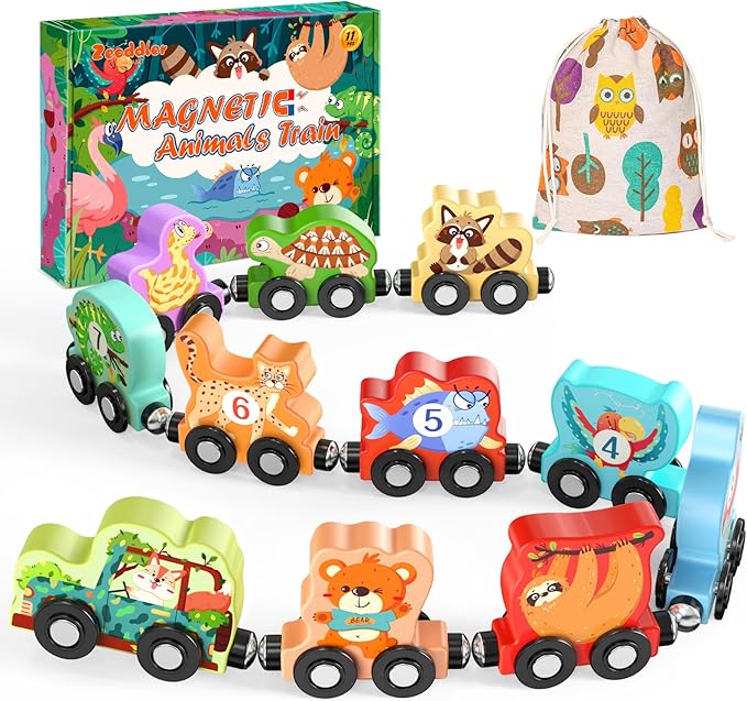 Toys for Toddlers, 11 Magnetic Wooden Animals Train Set, Montessori Toys for Toddlers, Learning Activities, Sensory Activities for Kids, Birthday Gifts for Boys, Girls