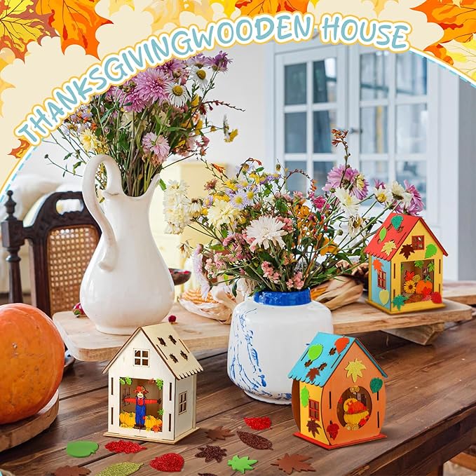 12 Sets Thanksgiving Wooden Houses Craft Harvest Graffiti Turkey House Pumpkin Maple Leave DIY Table Decor 12 DIY Unfinished Craft Kit 12 Watercolor Pens 100 Foam Stickers