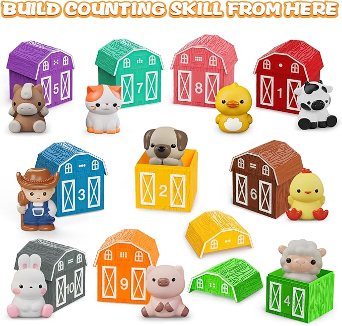 Learning Toy for Toddlers 1 2 3+ Years Old, 20 PCS Farm Animal Barn playset & Finger Puppets, Montessori toys for Kids,10 Animals & 10 Barns for Babies Boys Girls Easter Christmas Birthday Gift