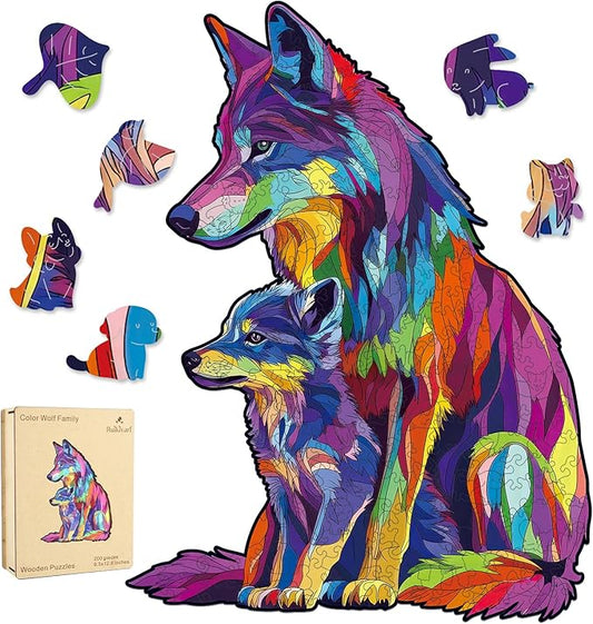 Wooden Puzzles for Adults, 5MM 200 Pieces Color Wolf Family Wooden Jigsaw Puzzles, Animal Puzzle Unique Shaped Gifts for Adults and Kids on Thanksgiving, Christmas Family Puzzle Games (9.5"*12.6")