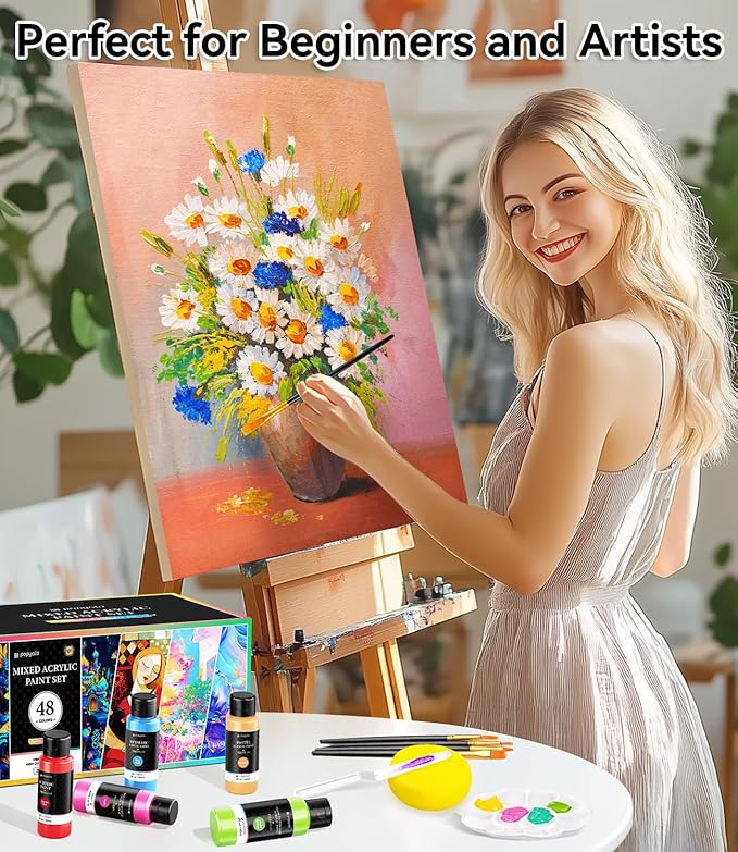 64 PCS Classic & Pastel & Metallic & Glow in the Dark Acrylic Paint Set with 12 Brushes, 2 Knives & Palette, 48 Colors Art Craft Paint for Beginners, Halloween Pumpkin Canvas Ceramic Rock Painting Kit