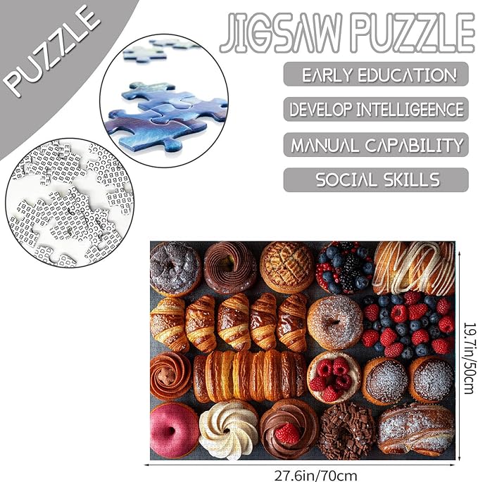 Tucocoo 1000 Piece Jigsaw Puzzles for Adults Croissants Cakes and Doughnuts Jigsaw Puzzle Delicious Food Art 1000 Pieces Puzzles for Challenging Family Activity Game Colorful DIY Puzzle Wall Decor