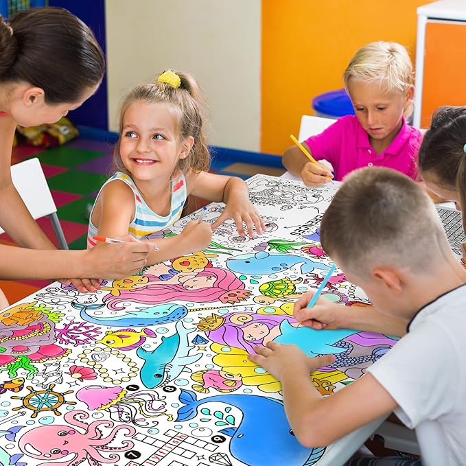 Gatherfun Mermaid Party Giant Coloring Poster - 31.5X 72 Inches - Versatile Classroom Wall Décor & Birthday Activity - Mermaid Poster or Table Cover for School Parties and Special Events