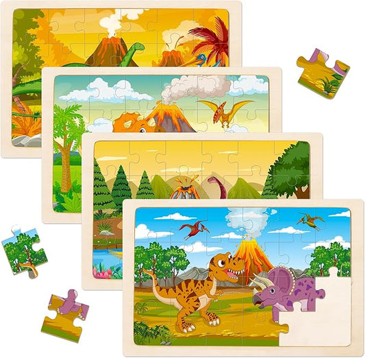 Wooden Puzzles for Kids Ages 3-5,4 Packs Puzzles for Kids Ages 4-6,24 Piece jigsaw puzzles Preschool Educational Puzzle Boards for Toddler,Dinosaur Toys Gift for 3 4 5 6 Years Old Boys Girls(Dinosaur)
