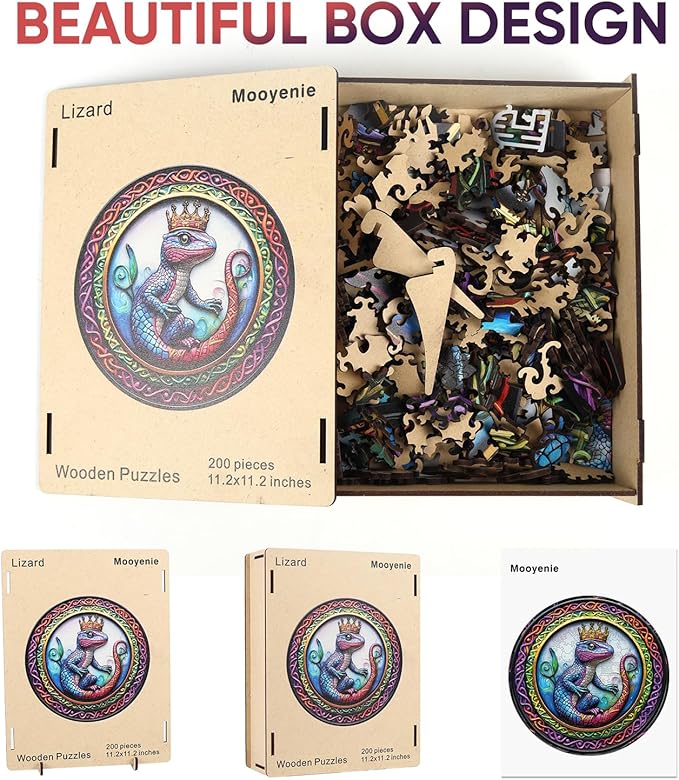 Wooden Jigsaw Puzzle, 200 Pcs Unique 3D Shape Jigsaw Puzzles, Wood Puzzle Gift Box Packing, Medium Size Letter, Creative Gift for Adults and Kids, Fun Challenging (200PCS, Chameleon)