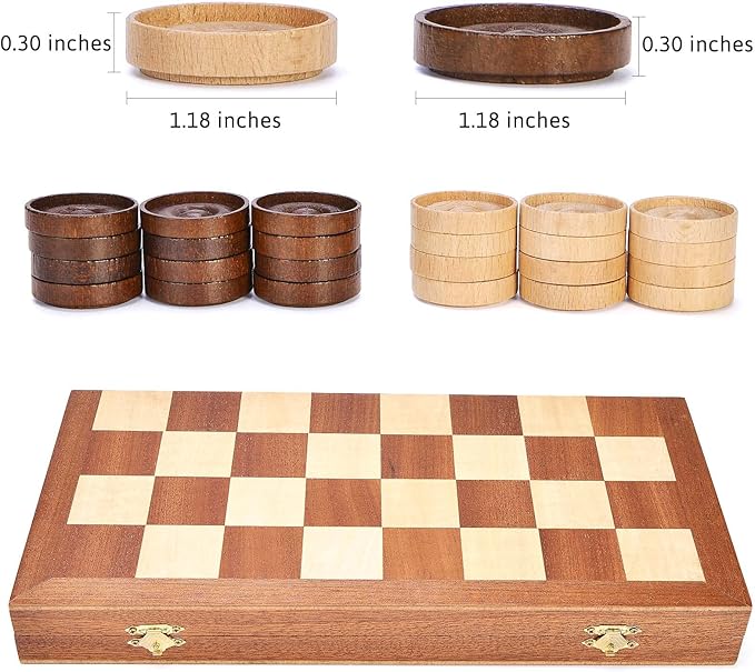 VAMSLOVE 14inch Checkers Folding Wooden Game Set, 8x8 Classic Checkerboard International Checkers Draughts Board 64 Square with Pieces Storage Slots (Instructions Included)