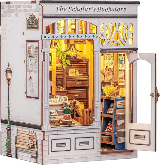 CUTEBEE DIY Book Nook Kit, Miniature House Kits for Adult and Teens, DIY Miniature Book Nook kit with Sensor Led Light, Gifts for Lovers and Family (The Scholar's Bookstore)