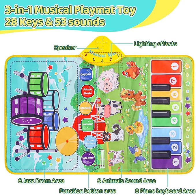 3-in-1 Musical Mats,Kids Floor Piano Drum Animal Music PlayMat,Montessori Sensory Early Educational Learning Toys for Baby,Girls Boys Infant Music,Birthday Christmax Toddlers Gifts 1 2 3 4 5 Years Old