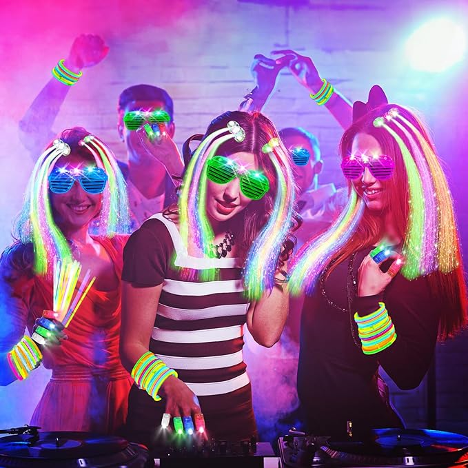 158 PCS Glow in the Dark Halloween Party Supplies, 14PCS LED Glasses, 30LED Finger Lights, 14LED Light Hairs and 100PCS Glow Sticks Bracelets, Neon Party Favors for Wedding,Concert, Birthday