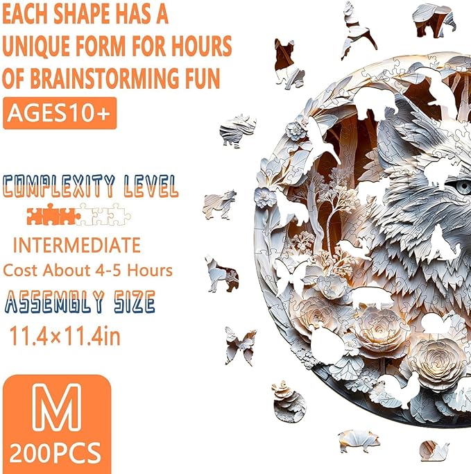 Wooden Puzzles for Adults, Flat Puzzle with 3D Visual Effect, White Wolf Wooden Jigsaw Puzzles for Adults 200 Piece, Unique Shape Wood Puzzles Adult, Wall Art Canvas Puzzle (M-11.4 * 11.4in)