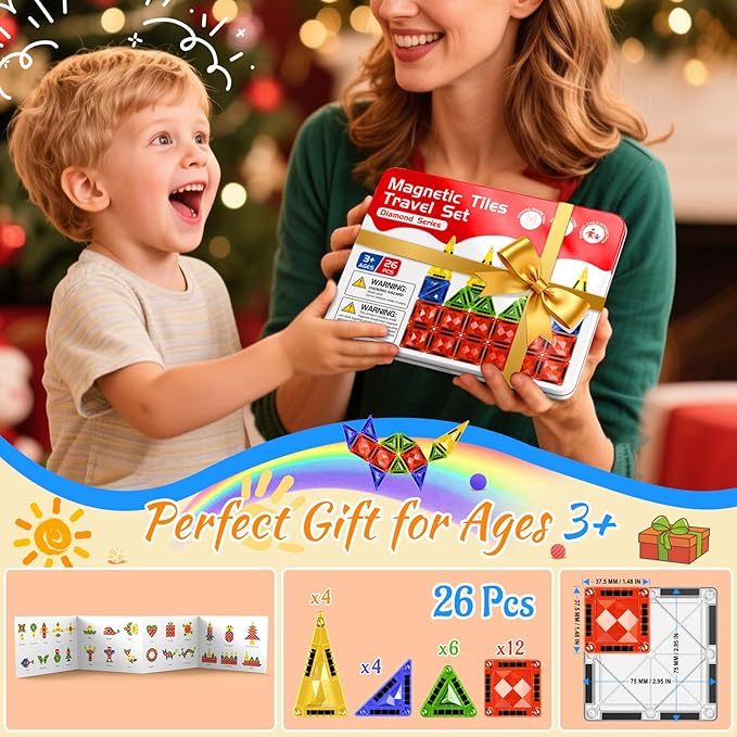 Mini Magnetic Tiles for Kids Ages 3-8, Travel Magnetic Building Blocks with Metal Storage Box, STEM Educational Toys, Montessori Sensory Learning Toys for Toddlers, Boys & Girls Gift