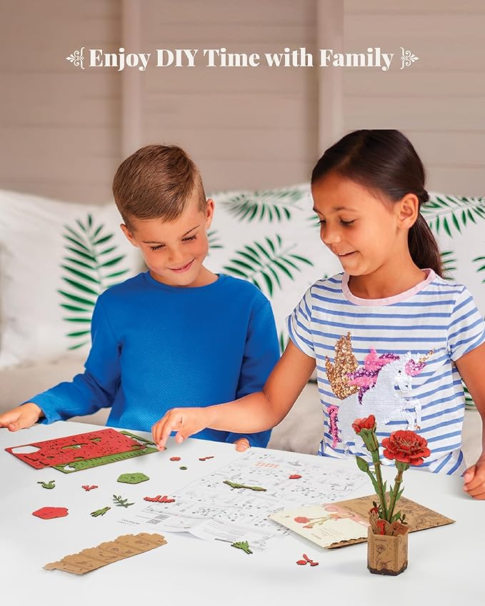 rowood 3D Puzzle Wooden Flower,DIY Artifical Flower Building Set Craft Kit for Women,Mother's Day/Valentine's Day/Teacher's Day/Thanksgiving/Christmas/Birthday Gift for Mom/Grandma-Red Carnation