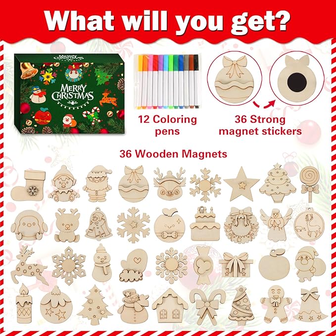 Worgree Christmas Crafts for Kids, 36pcs DIY Wooden Magnets Art Craft Supplies Painting Kit for Boys Girls Ages 4-8 8-12 Xmas Stocking Stuffers Toys Party Favors Gifts Goodie Bag Fillers Holiday Decor