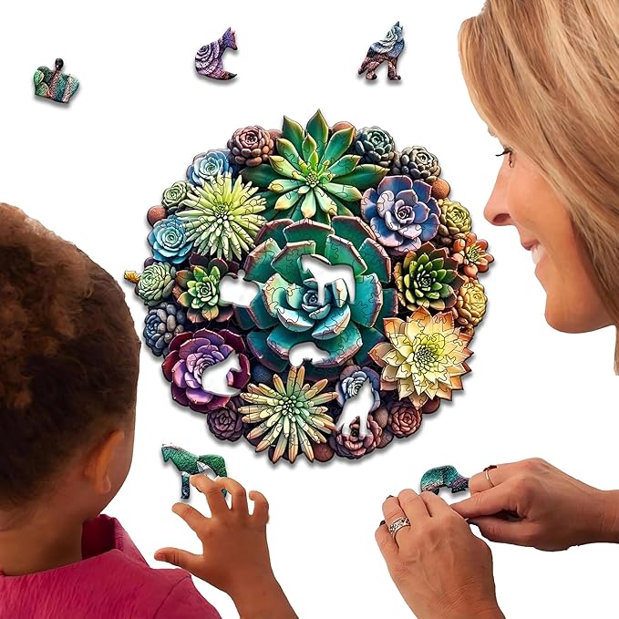 Wooden Puzzles, 151 Pieces Succulent Plants Jigsaw Puzzles, Unique Shaped Wooden Puzzle for Adults and Kids, Family Game(Succulent Plants, Large)